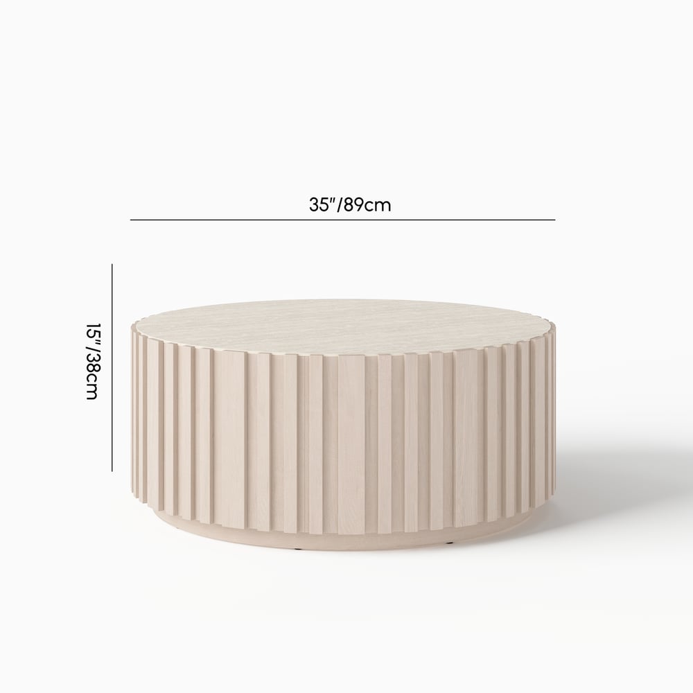 Aura 35" Round Washed White Slatted Sintered Stone Coffee Table with 2 Drawers weights dimensions image