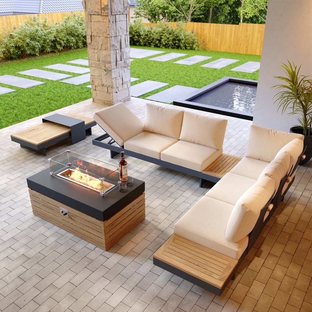 Tevara 5-Pieces Modular Teak Outdoor Sofa Set with Smokeless Fire Pit for 6 in Beige window image
