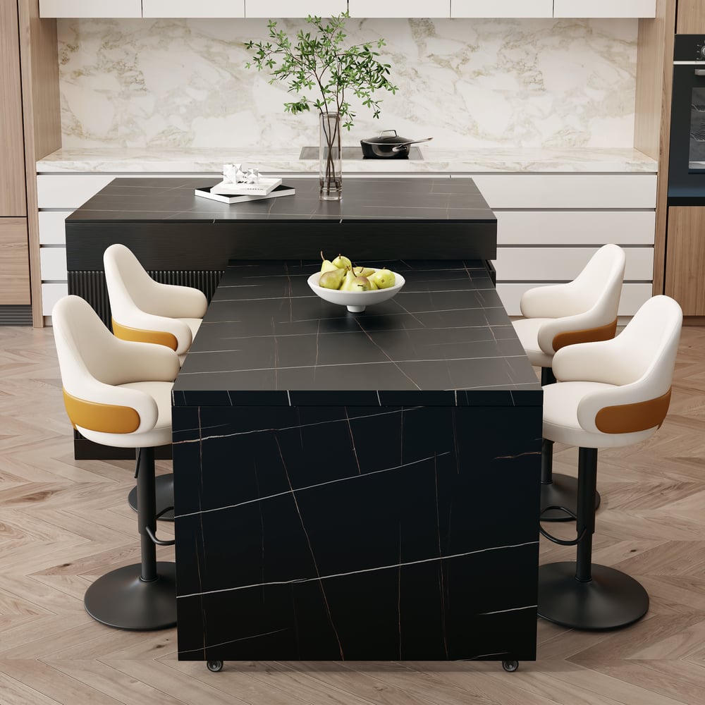 Îlot de cuisine en bois extensible de 81 à 112 pouces avec rangement, noir image de fenêtre