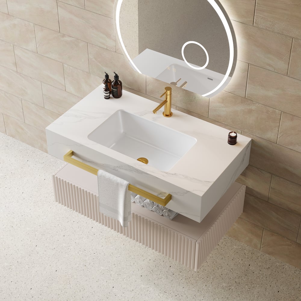 Mueble de baño flotante de 91 cm (36") con doble lavabo, encimera de piedra sinterizada, toallero dorado Imagen de ventana