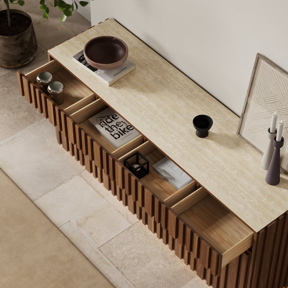 Aura 65" Ash Wood Slatted Walnut TV Stand with Sintered Stone Top window image