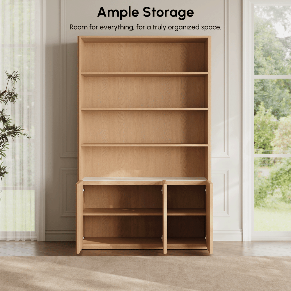 Aura 120cm Boekenkast van Essenhout met Gegroefde Details en Blad van Sintersteen Vensterafbeelding