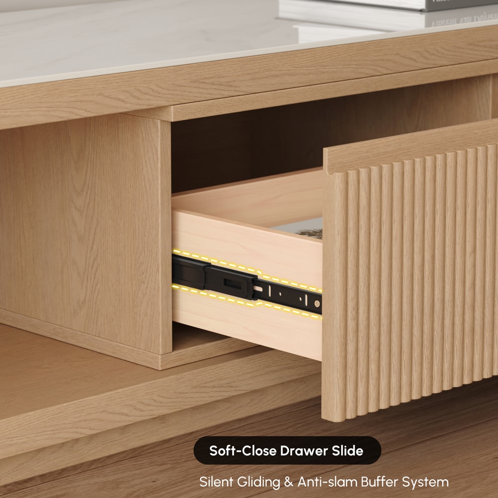 Velar 71"-114" Extendable Fluted TV Stand with Sintered Stone Top & 3 Drawers window image