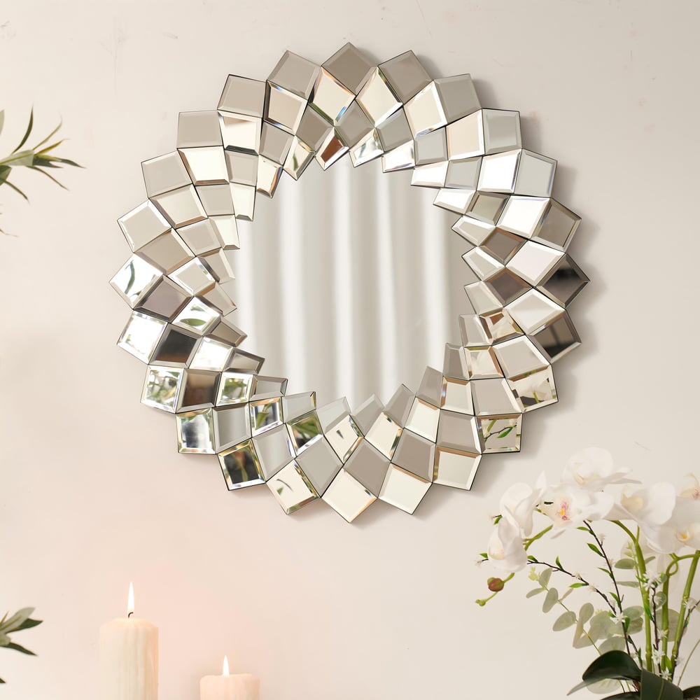 24" Diamond-Shaped Wall Mirror, Silver Round Decorative Mirror window image