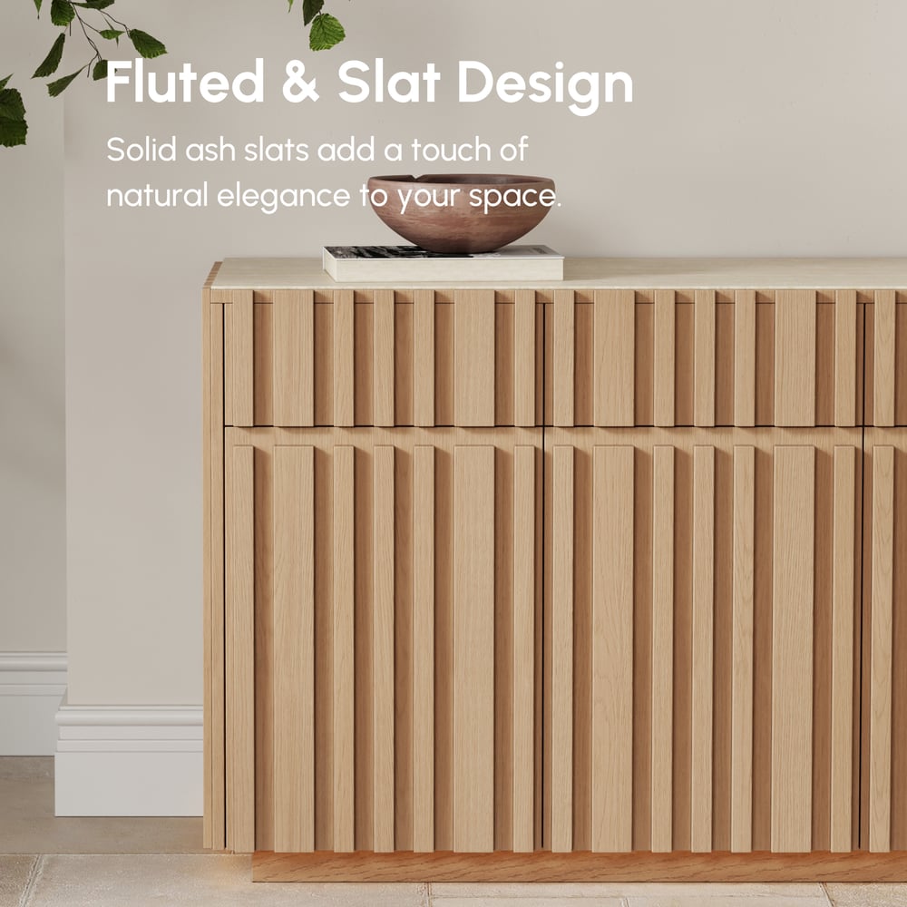 Aura 65" Ash Wood Slatted Natural TV Stand with Sintered Stone Top window image