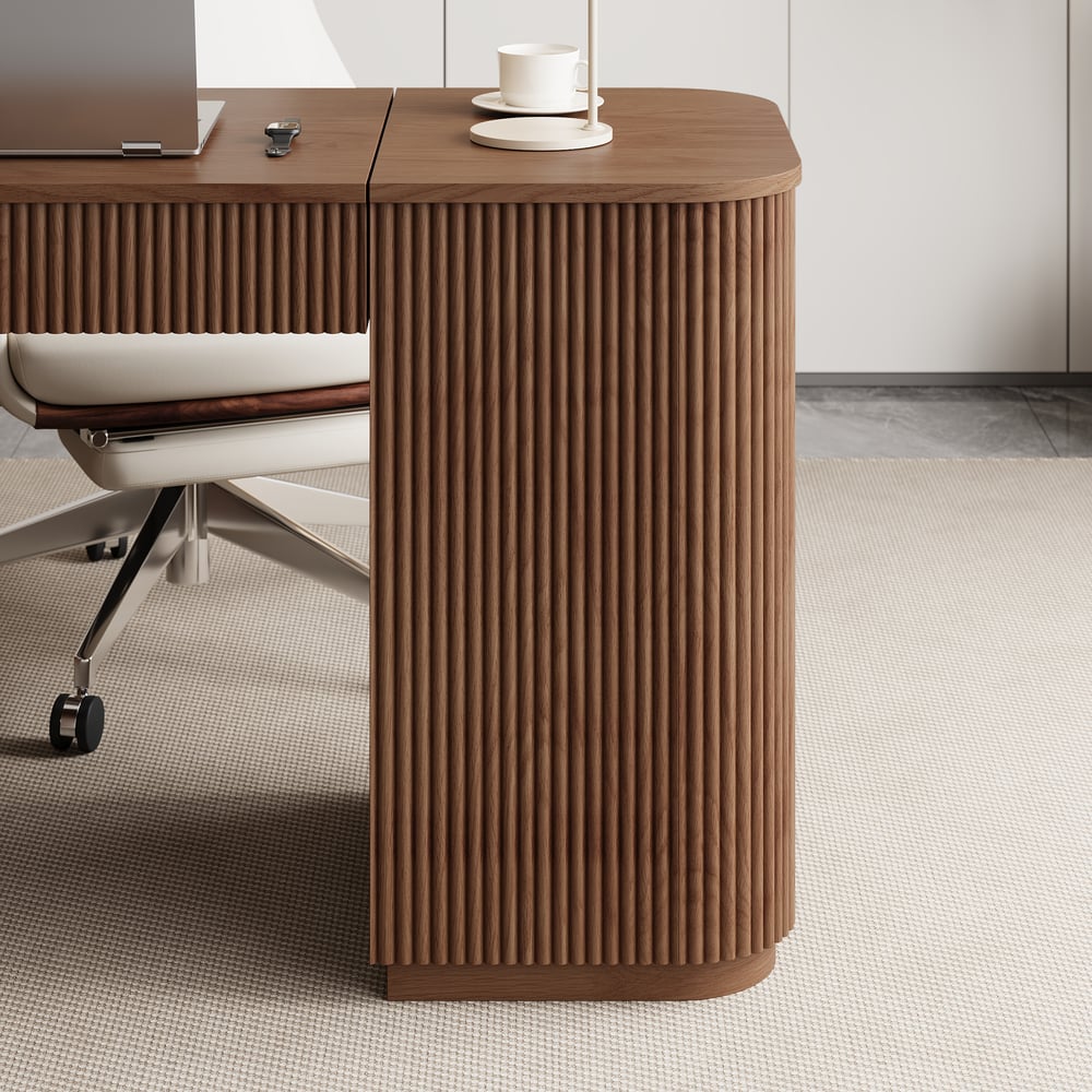 Modern 60" L-Shape Walnut Executive Desk with Drawers & Cabinet Right Hand window image