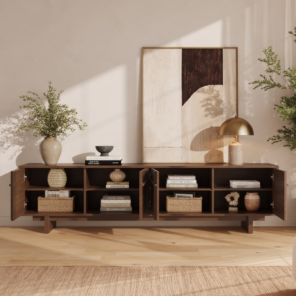 Panvyr 80" Ash Wood Walnut TV Stand with Storage window image