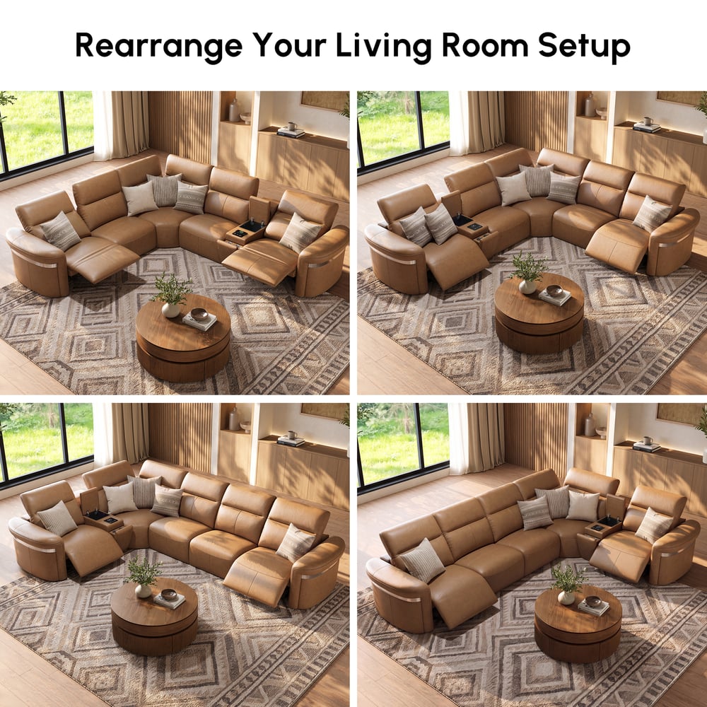Genuine Leather Multifunction Media Console Power Reclining Sofa window image