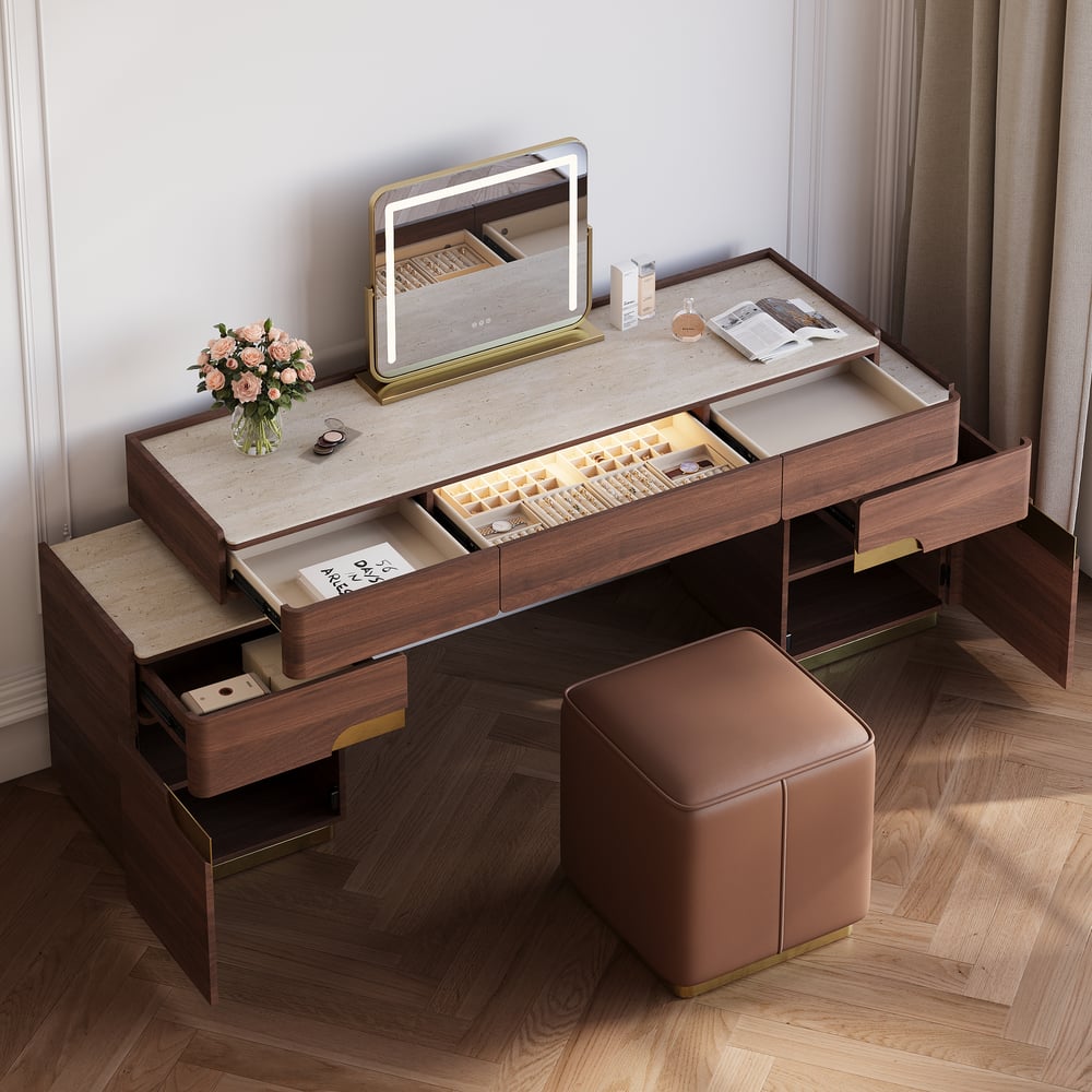 Horva Extendable Walnut Makeup Vanity Set (57"–73") window image