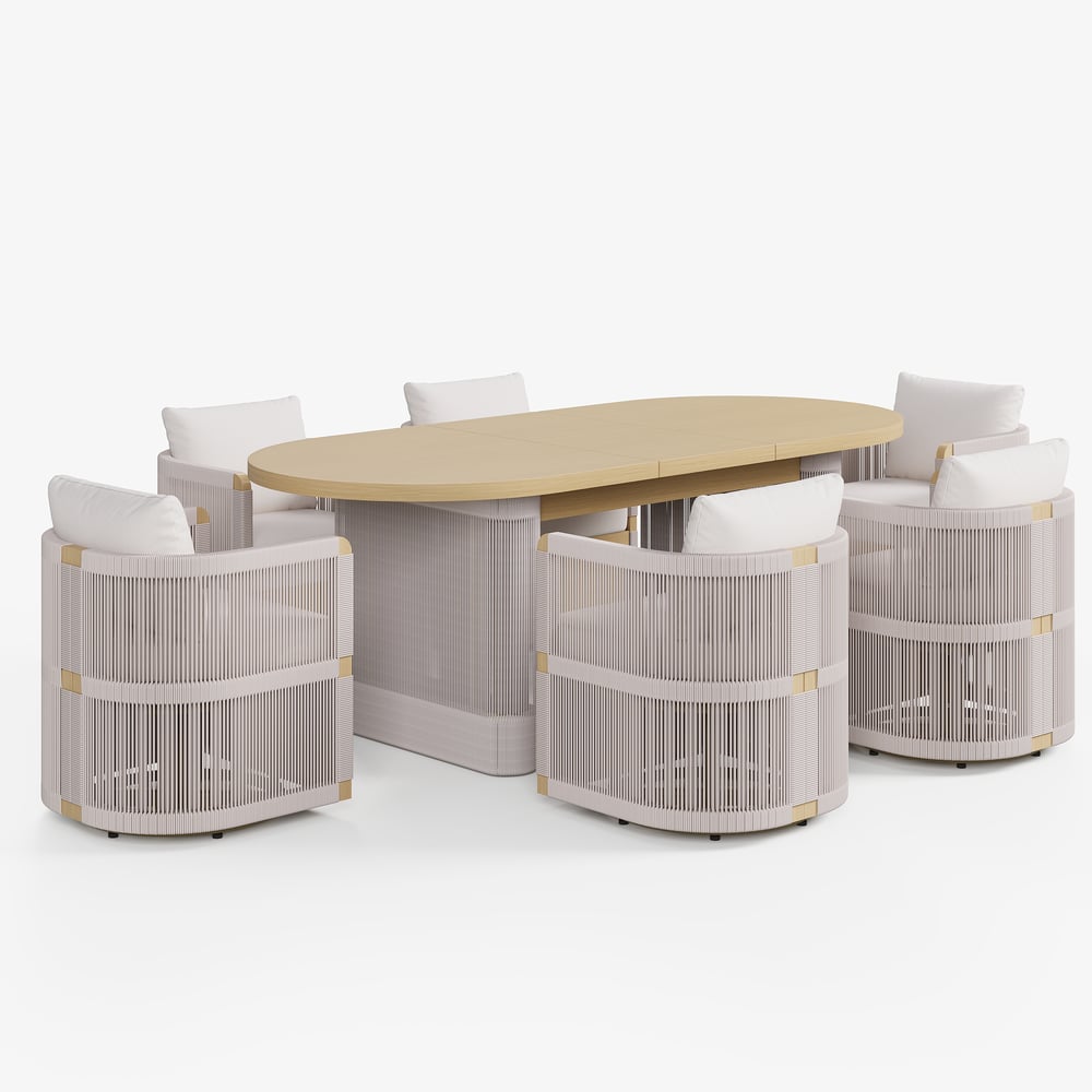 Costra  Outdoor Aluminum Extendable Dining Set with 6 Woven Swivel Armchairs in Ivory window image