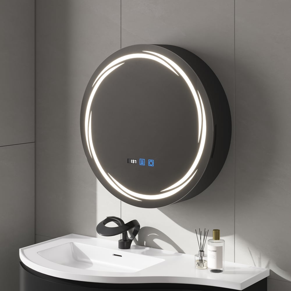 60cm Round Black LED Bathroom Mirror Cabinet with Storage, Anti-Fog, Dimmable window image
