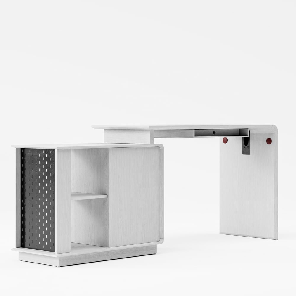 Modern 73" L-Shaped White Rotating Desk with Keyboard Tray & Storage window image