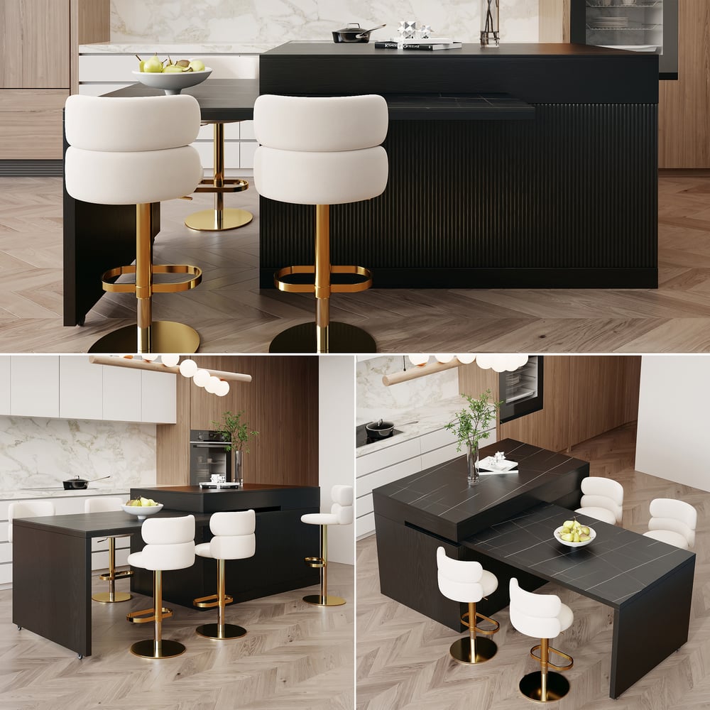 Îlot de cuisine extensible en pierre frittée mate de 81''-112" avec rangement, Noir image de fenêtre