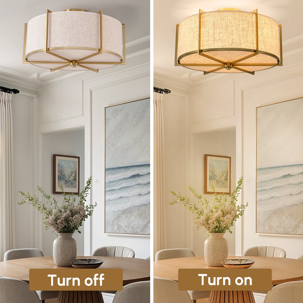 18" Linen Flush Mount Light in Gold Finish, 3-Light window image