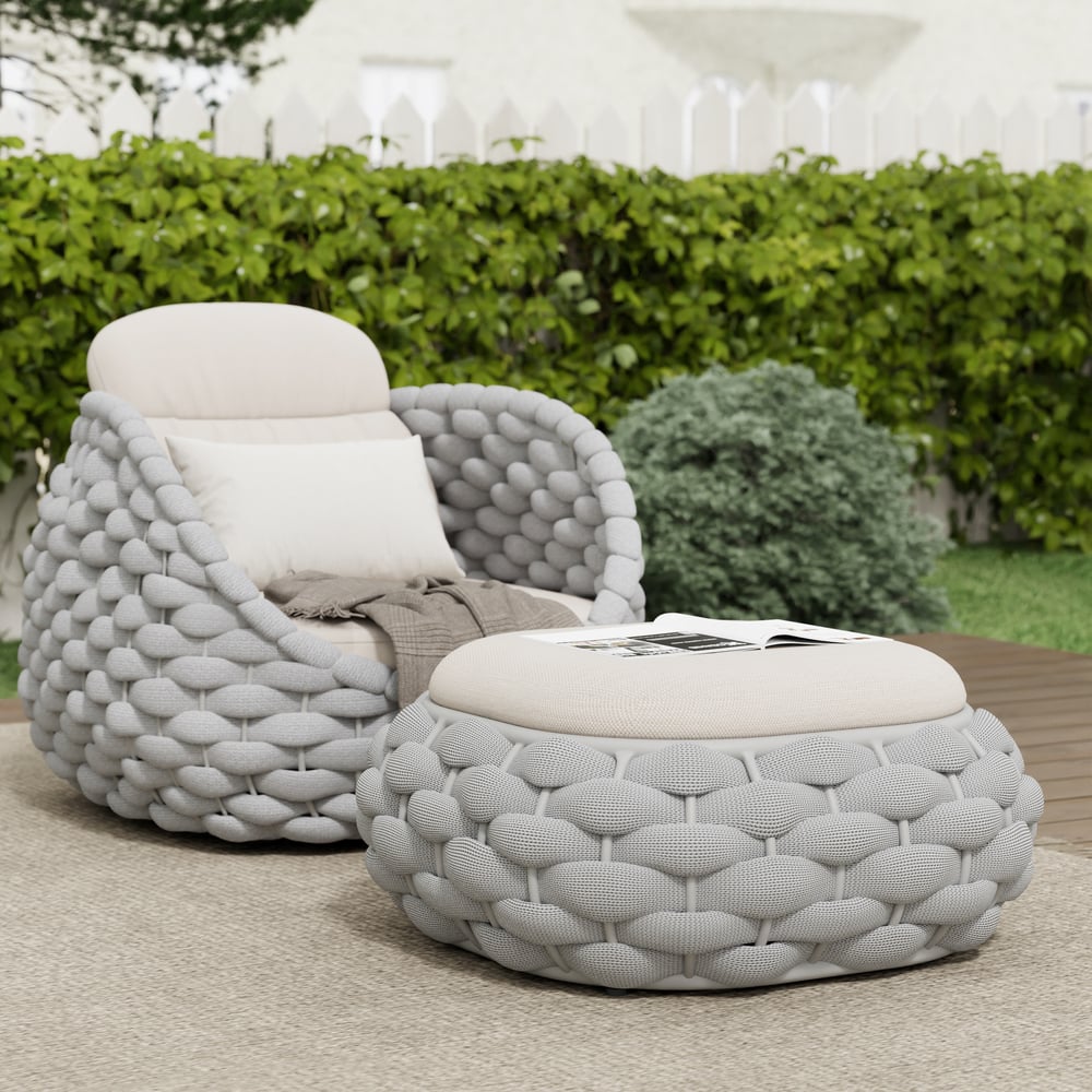 Cocaro Outdoor Hand-Woven Rope Footrest Storage Ottoman in Light Grey window image
