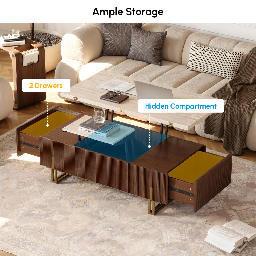 Table basse relevable Grovyn de 47,2" avec finition cannelée et 2 tiroirs image de fenêtre