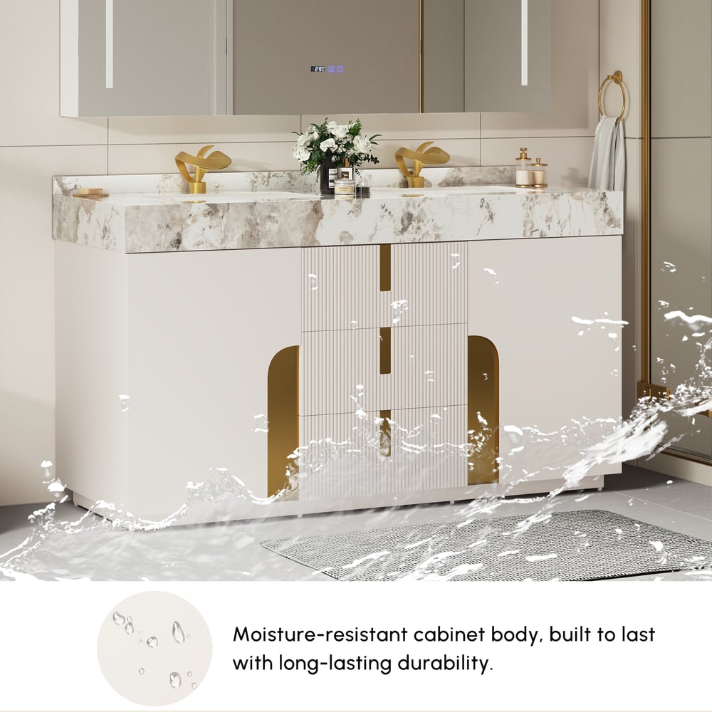 Tocador de baño doble flotante Artis de 60 pulgadas con lavabo, encimera de piedra sinterizada, amplio almacenamiento Imagen de ventana