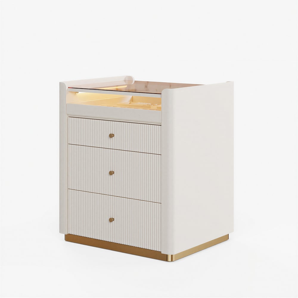 Îlot de placard moderne de 29,5" en cuir cannelé, commode à 7 tiroirs avec éclairage et rangement pour bijoux image de fenêtre