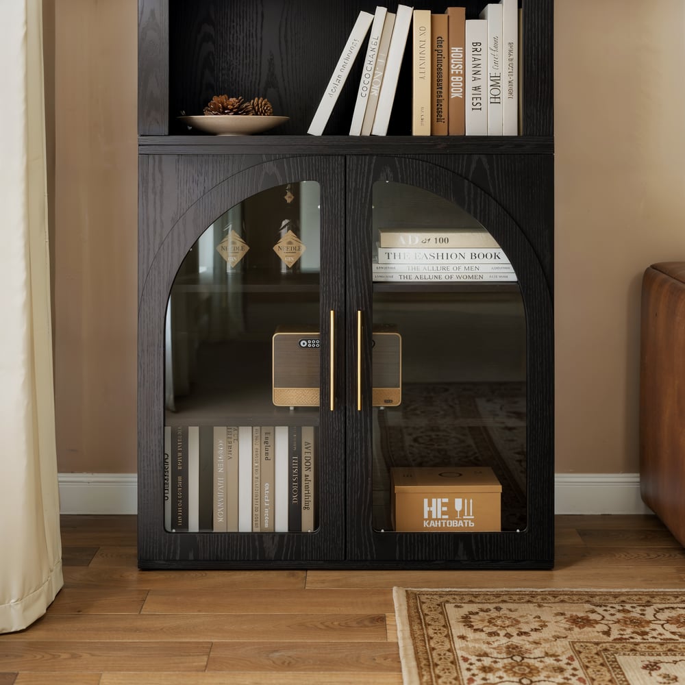 Arune Black Chest Bookcase with Storage Cabinet & LED Light window image