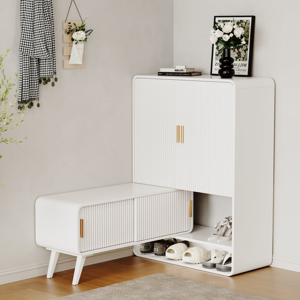 37" Warm White Shoe Storage Fluted Entryway Cabinet,Left Hand window image