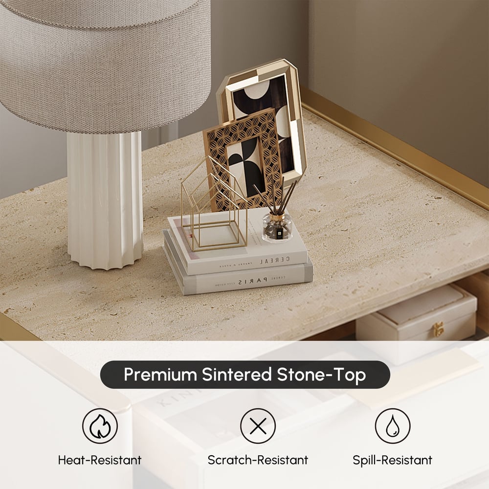 Modern Saddle Leather 2-Drawer Nightstand with Faux Travertine Stone Top window image