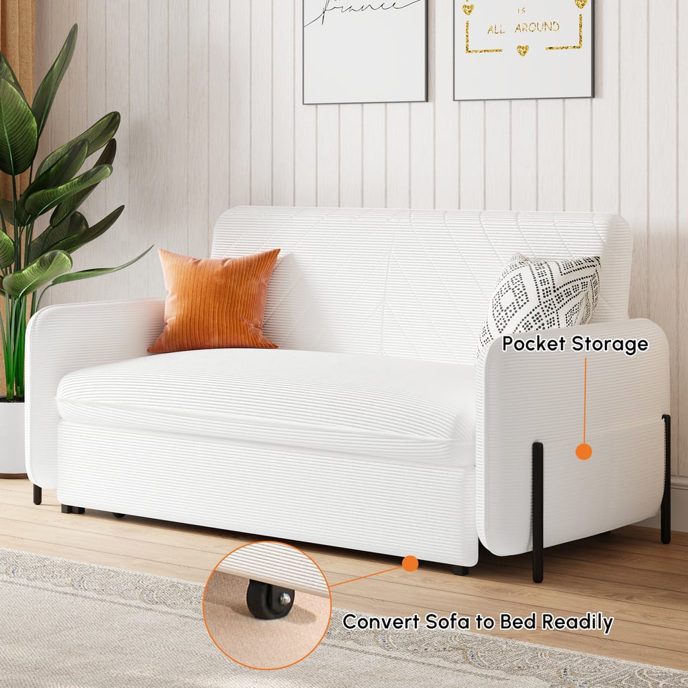 Canapé convertible lit 172 cm 2 places velours côtelé blanc avec rangement et coussins image de fenêtre