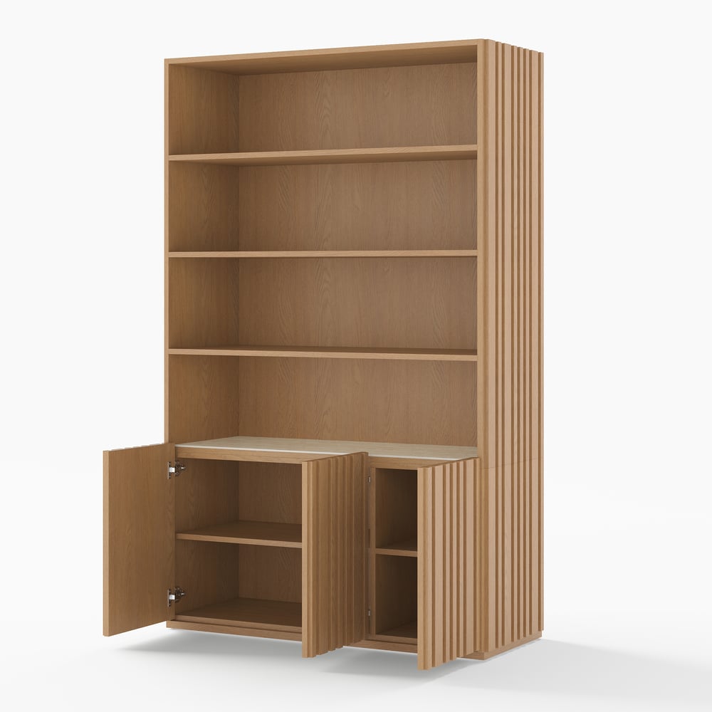 Aura 120cm Boekenkast van Essenhout met Gegroefde Details en Blad van Sintersteen Vensterafbeelding
