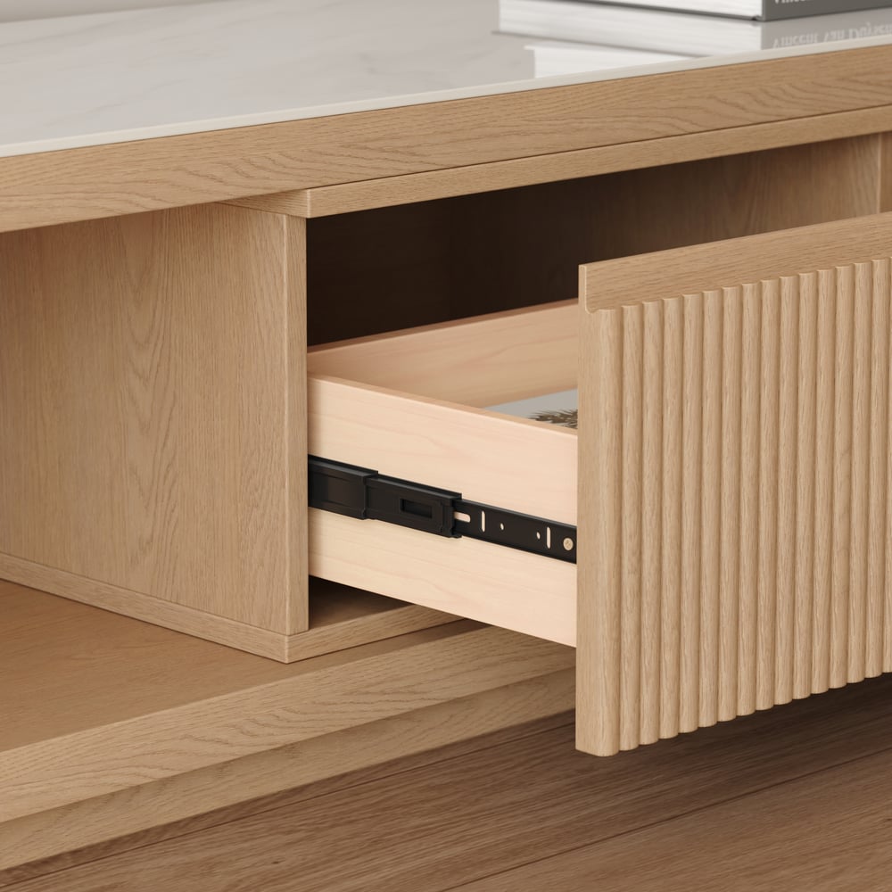 Velar 71"-114" Extendable Fluted TV Stand with Sintered Stone Top & 3 Drawers window image