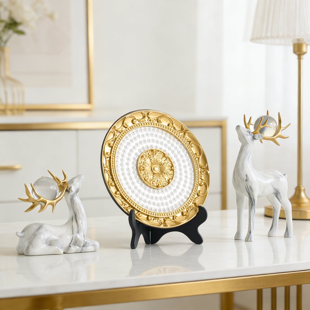 3 pcs Golden Deer Figurine with Decorative Plate Set, Luxury Resin Animal Sculptures window image