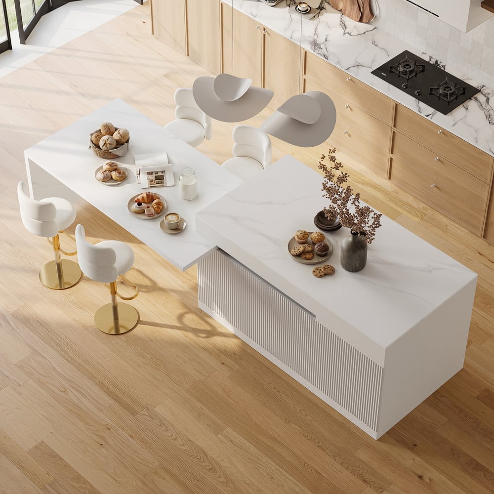 Modern 81"-112" Sintered Stone Kitchen Island with Drawers & Doors, White window image