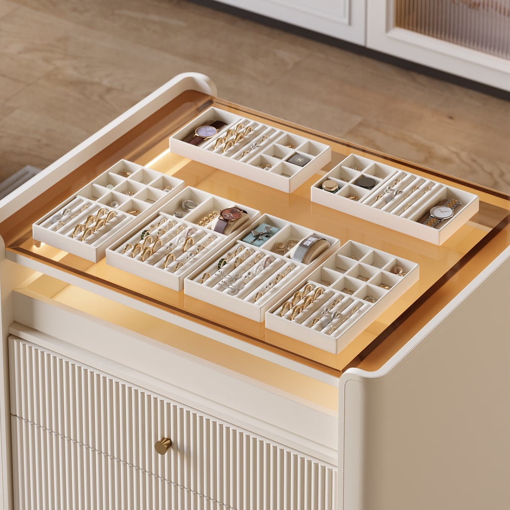 Modern 29.5" Fluted Leather Closet Island 7 Drawer Dresser with Light & Jewelry Storage window image