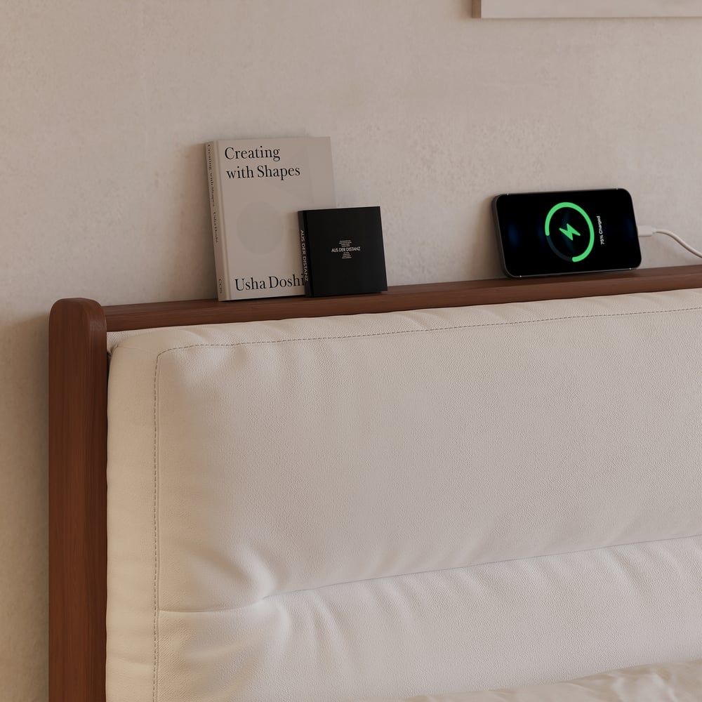 Mid-Century Modern King Solid Wood Bed with Charging Station and Sensor LED window image