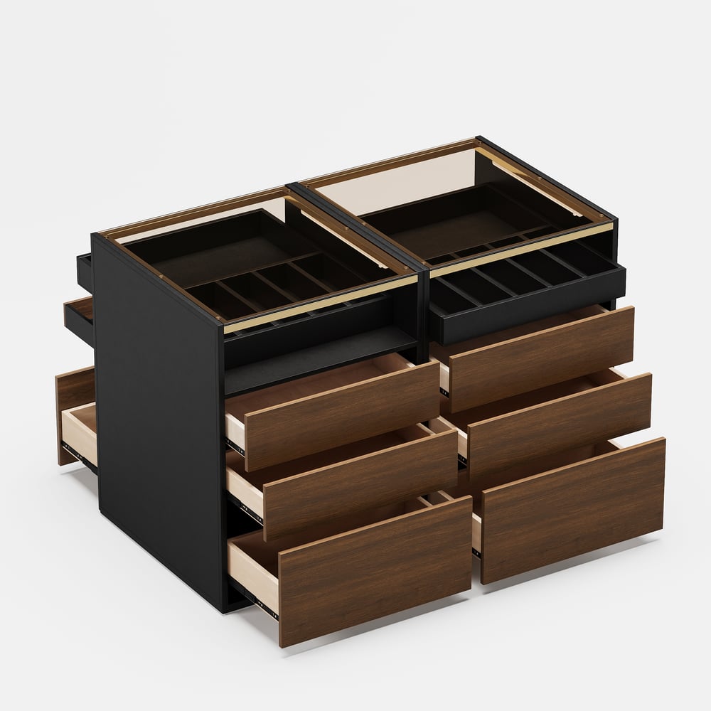 Saddle Leather 7-Dresser Walk-In Closet Island with Light & Jewelry Display window image