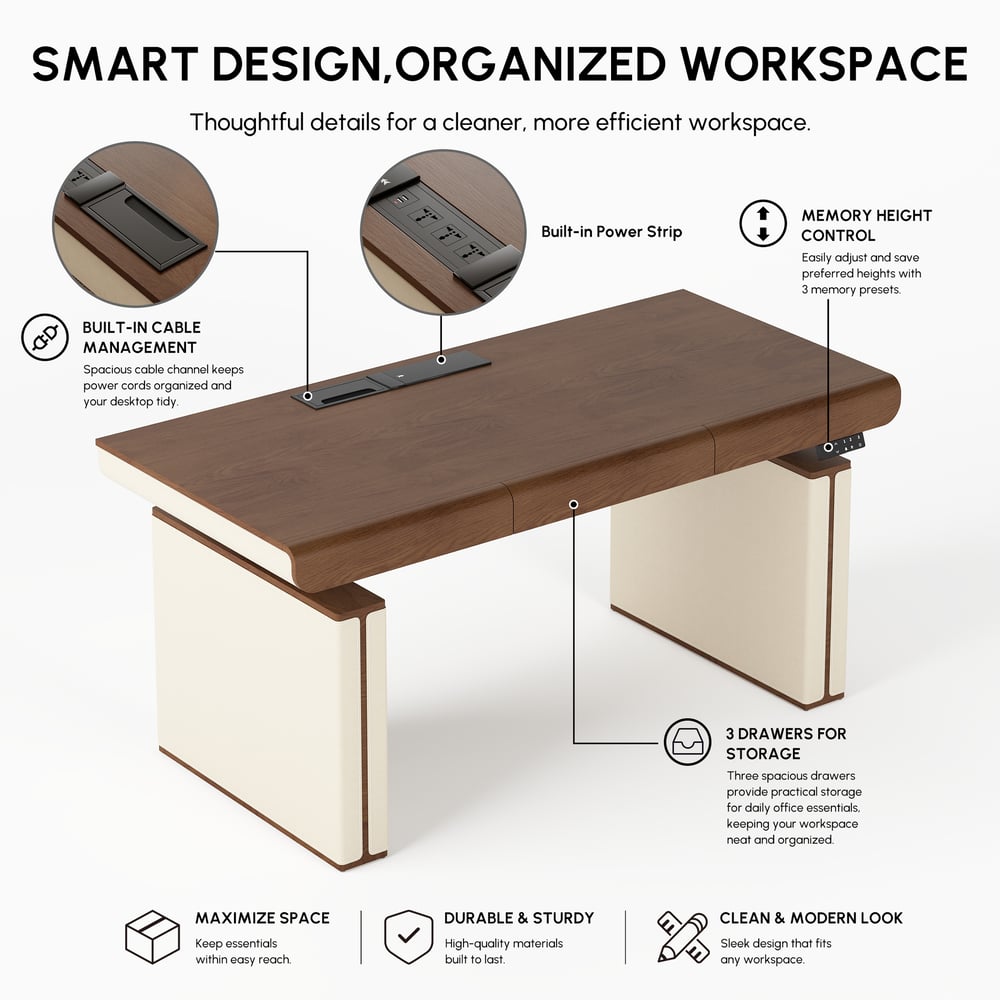 160 cm Height Adjustable Electric Standing Desk with Walnut Top and Leather-Wrapped Legs window image