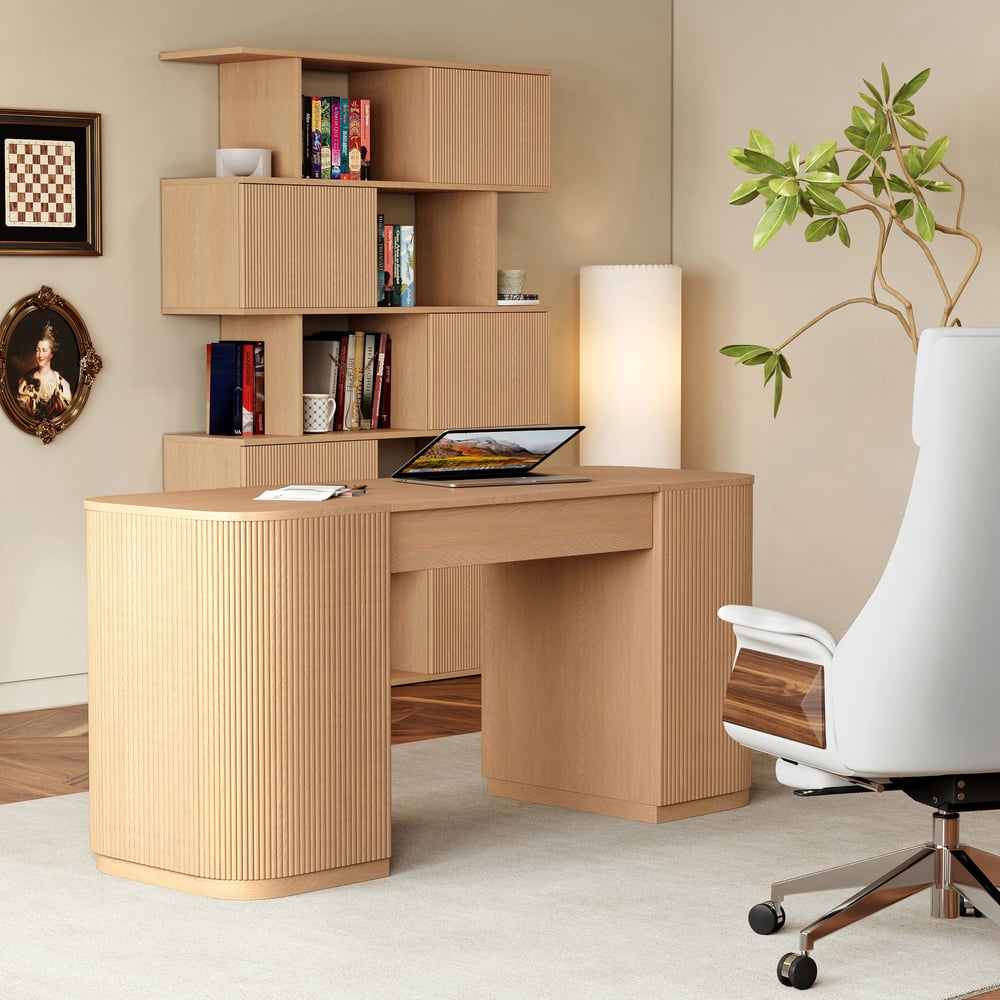 72.8" Natural Sliding Door Etagere Bookshelf 5-Shelf Tall Book Shelf Rich Storage window image