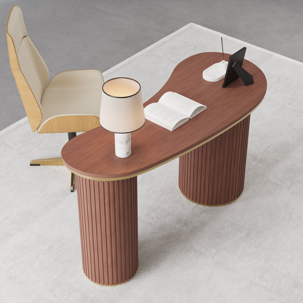 Walnut Curved Wooden Office Desk & Adjustable Swivel Executive Chair in Beige & Gold window image