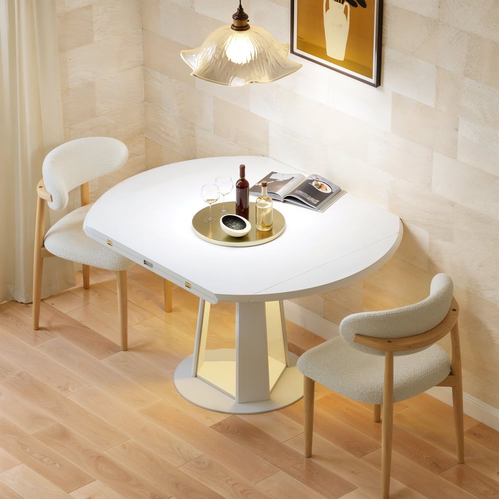 36"-47" Solid Matte Warm White Wood Extendable Dining Table with Light window image