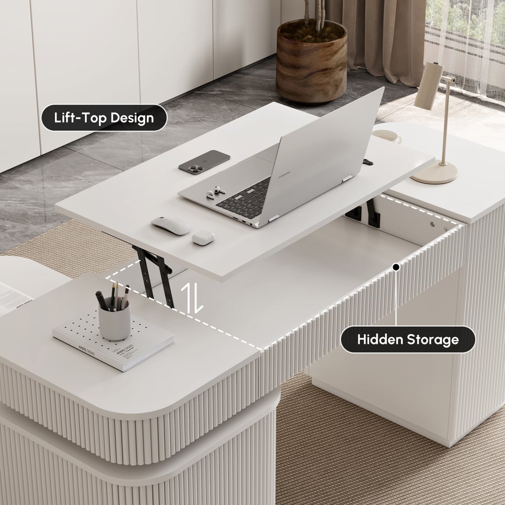 Velign 65" L-Shape White Executive Desk with Right-Side Cabinet window image