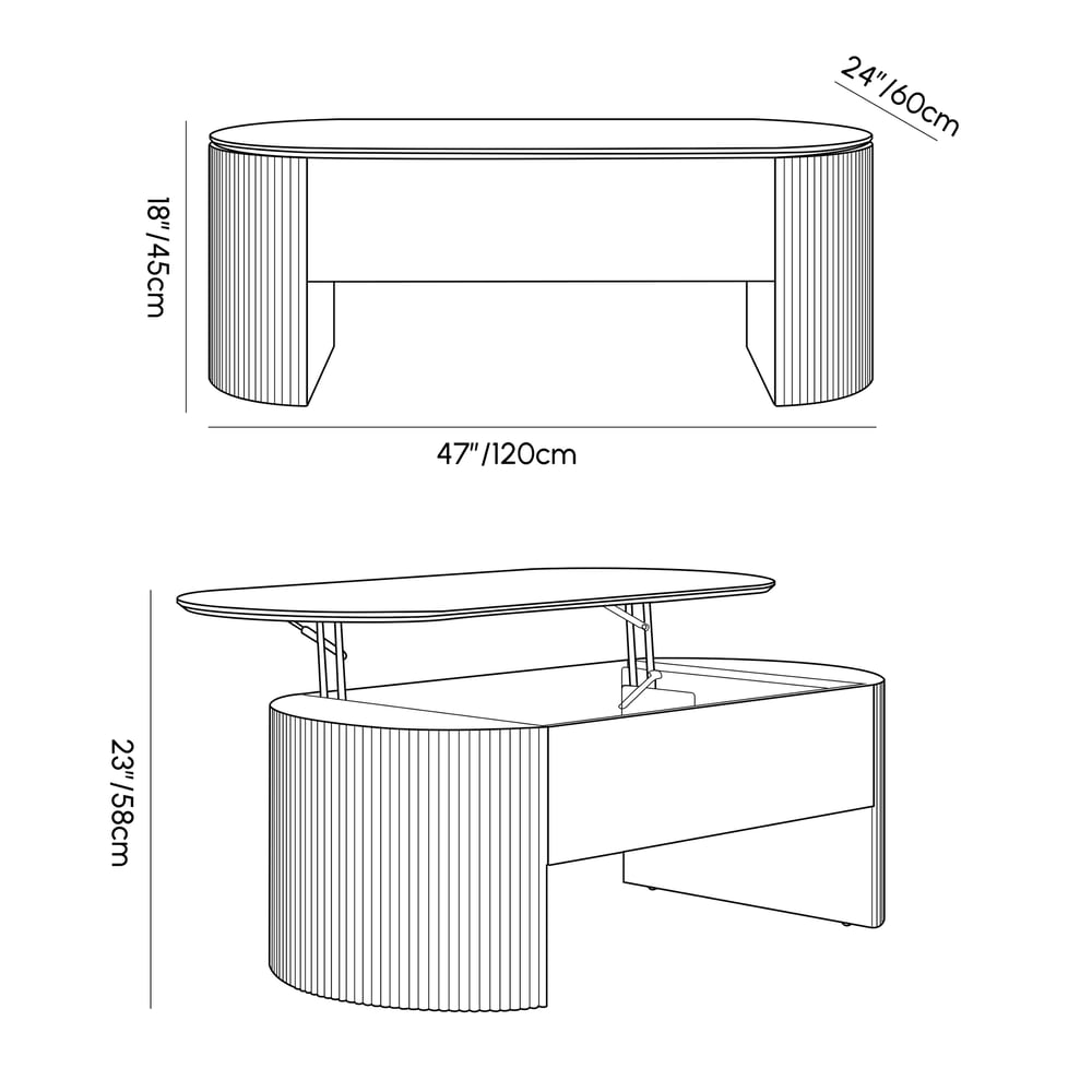 Mesa de Centro Retrátil Oval de 47" Mid-Century Modern Imagem com pesos e dimensões