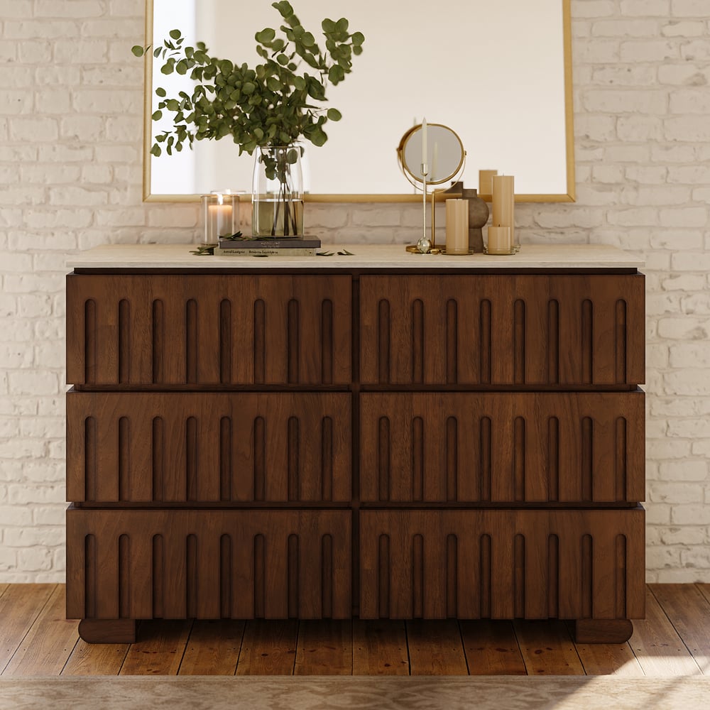 Commode moderne de 47 po en bois de frêne à 6 tiroirs avec dessus en pierre frittée imitation travertin image de fenêtre