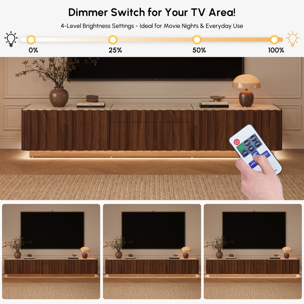 Aura 80" Ash Wood Fluted Walnut Projector TV Stand with Sintered Stone Top window image