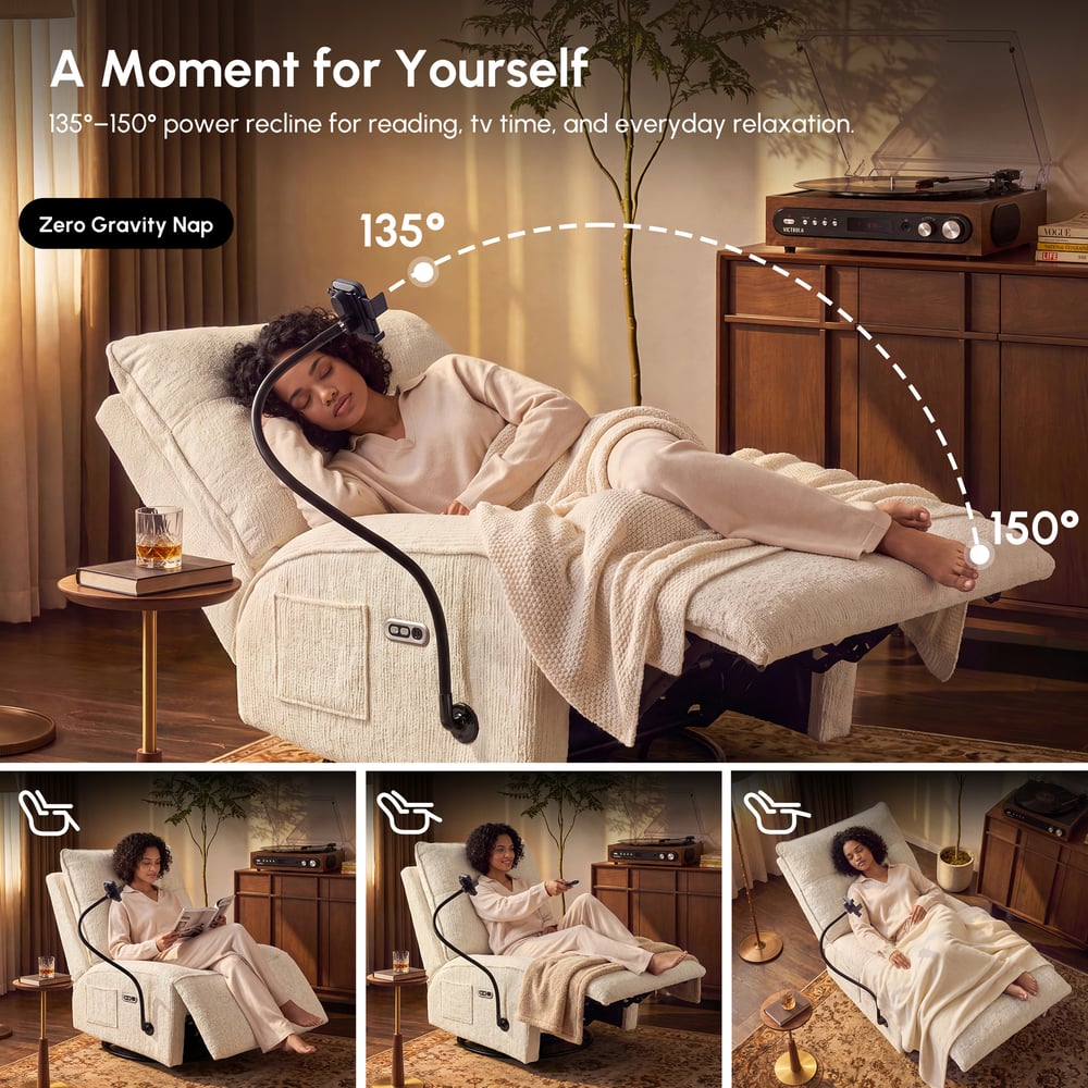 Performance Chenille Power Swivel Rocker Recliner Accent Chair with Phone Holder window image