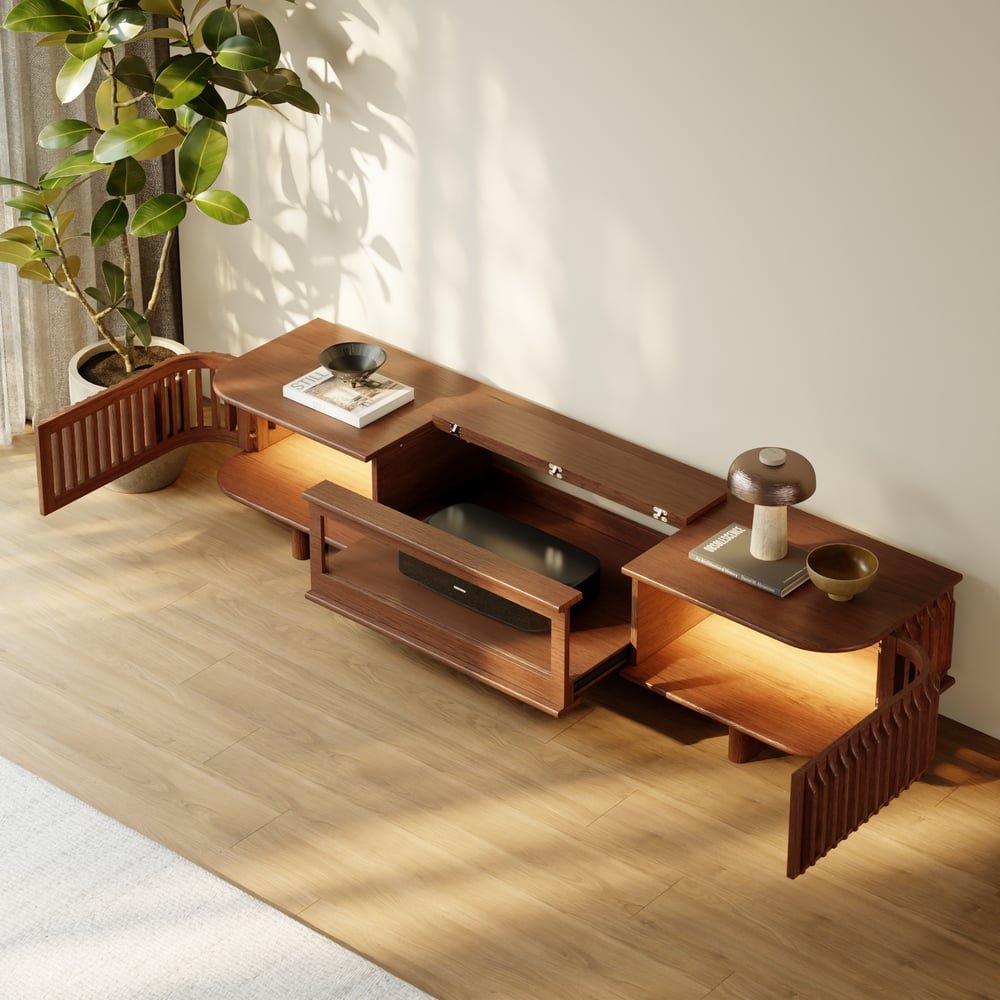 80" Ash Wood Fluted Walnut Projector TV Stand with LED window image