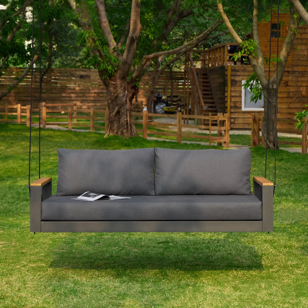 Tevara Outdoor Hanging Swing Sofa 2-Seater in Dark Gray with Cushion & Black Cover window image