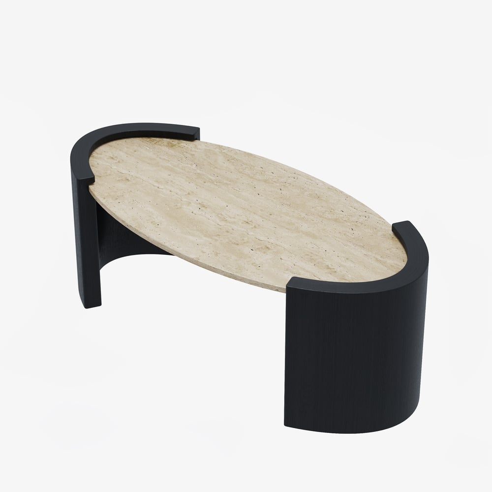 Table Basse de 43" en Pierre de Travertin Ovale Style Japandi image de fenêtre