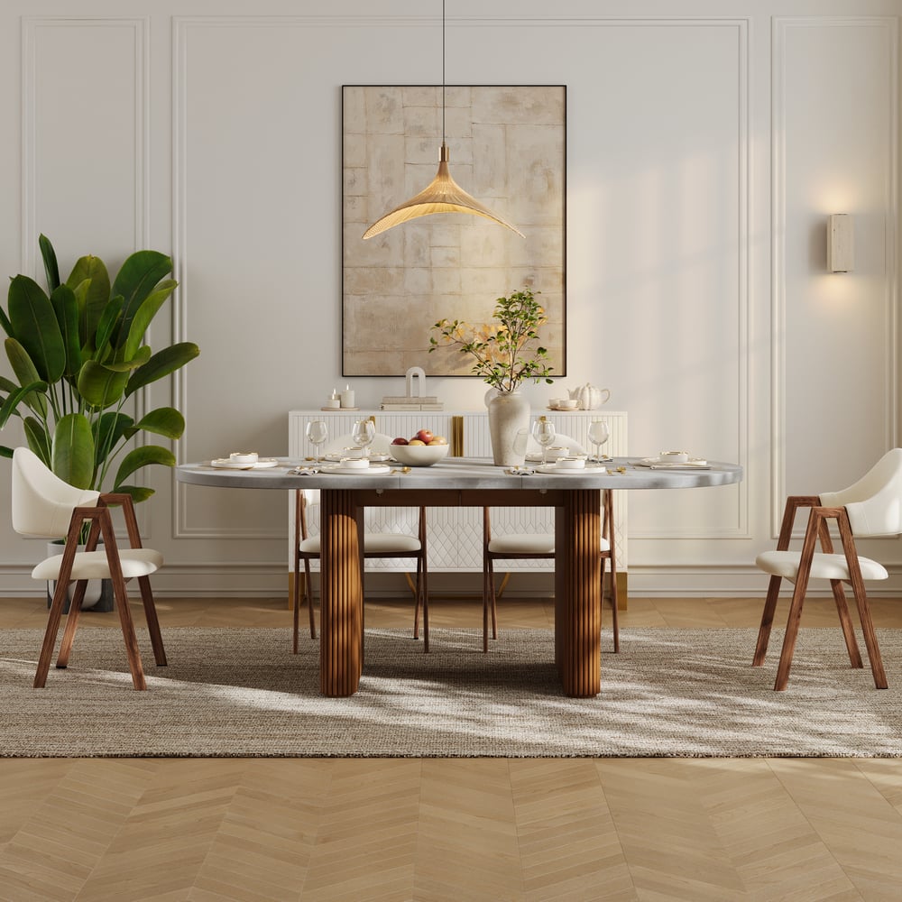 Japandi 63"-79" Extendable Oval Concrete Gray Dining Table, Seats 4-6 window image