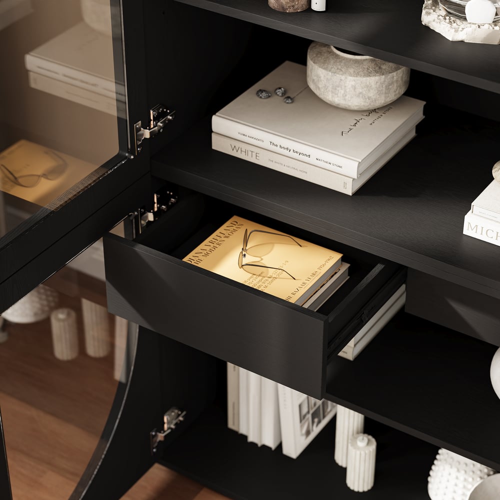 Arune Zwart Glazen Hoge Vitrinekast met Lades & LED Verlichting Vensterafbeelding