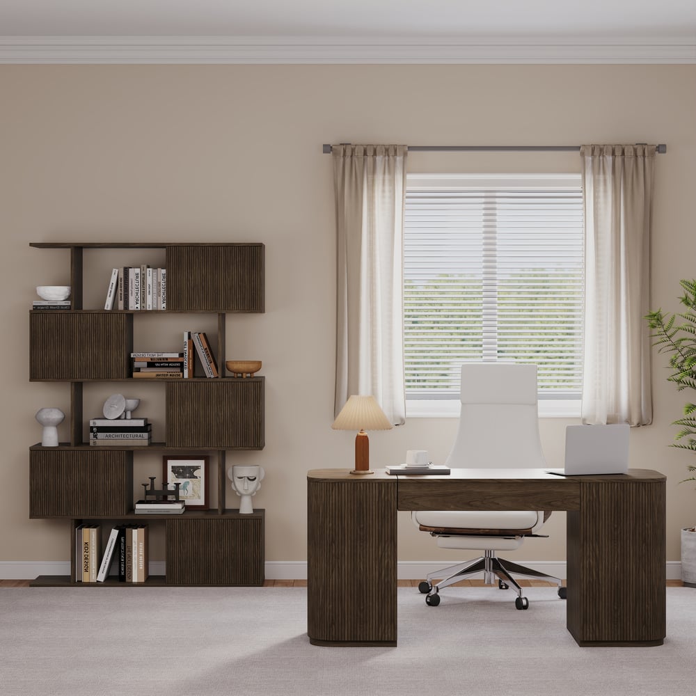 Velign 60" Walnut Standing Computer Desk with 2-Door Storage Cabinet window image
