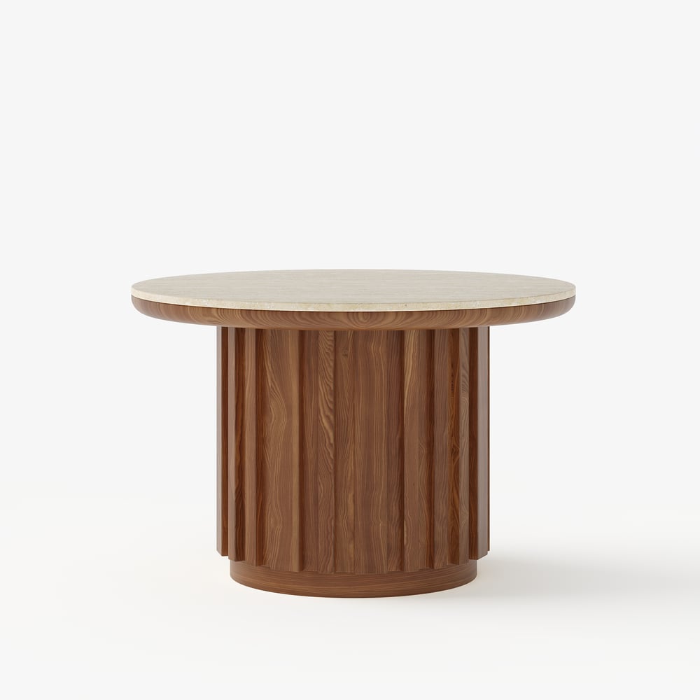 Table basse ronde à lattes en bois de frêne Aura avec plateau en pierre frittée image de fenêtre