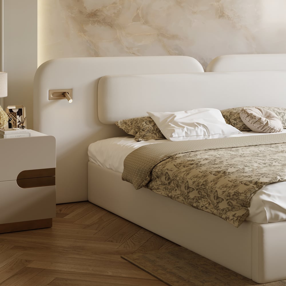 Modern King Size Faux Leather Bed with Wide Headboard Bed & Integrated Lighting window image